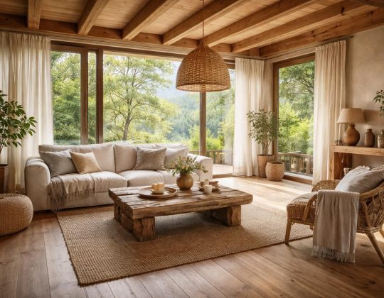 Décorer un lodge nature avec des matériaux écologiques Patagonia Flooring et du lin lavé